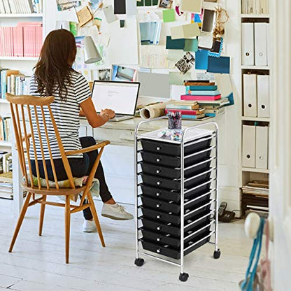 BETTARY Office Rolling Storage Cart with 10 Drawer, Scrapbook Paper Office School Organizer with Lockable Casters, Multipurpose Mobile Storage Cart for Supermarket, School, Office, Home (Black)