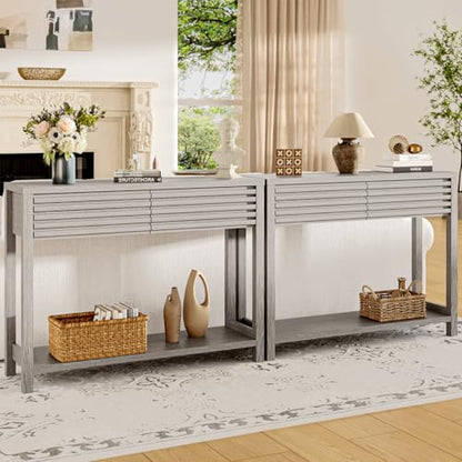 EAG 40" Fluted Console Table with 2 Drawers, Modern Wood 2 Tier Entryway Table with Storage Shelf, Narrow Sofa Tables Behind Couch for Entrance Foyer, Hallway, Living Room, Gray - color: Grey