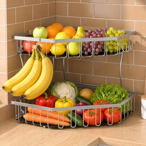 2 Tier Fruit Basket for Kitchen Counter with 2 Banana Hangers for Corner | Detachable Metal Fruit Bowl with Wooden Handle, Large Capacity Fruit Stand for Bread Fruit and Vegetable Storage, Silver - color: Silver, size: 2 Tier Standard