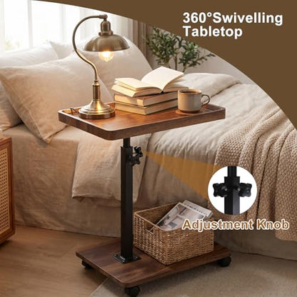 Simcat C Table End Table Adjustable Height, 360° Swivel TV Tray Table for Small Spaces, Couch Tables that Slide Under, C Shaped End Tables with Wheels for Couch Living Room Bedside TV(Walnut) - color: Walnut