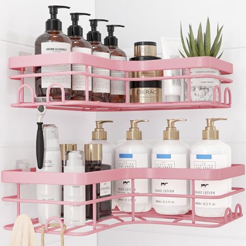 Sakugi Corner Shower Caddy - 2 Pack, Adhesive Shower Organizers, Rustproof Stainless Steel Shower Shelves with 8 Hooks, No Drilling Bathroom Organizers and Storage Racks, Space-Saving, Pink, X-Large - color: Pink, size: X-Large
