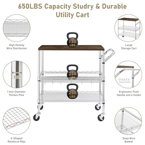 Rolling Kitchen Carts on Wheels With Storage,650Lbs Heavy Duty Metal Cart with Wheels,3 Tier Rolling Cart with Wooden Top,NSF Utility Cart with Handle for Food Cart Serving Carts,30.3"L*31.9"H*18.1"W - size: 35.4"L*18.1"W*31.9"H with Adjustable Shelves
