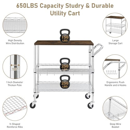 Rolling Kitchen Carts on Wheels With Storage,650Lbs Heavy Duty Metal Cart with Wheels,3 Tier Rolling Cart with Wooden Top,NSF Utility Cart with Handle for Food Cart Serving Carts,30.3"L*31.9"H*18.1"W - size: 35.4"L*18.1"W*31.9"H with Adjustable Shelves