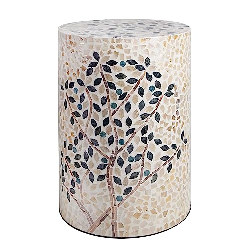 PEMAR Mother of Pearl Cylinder Drum End Table Nacre Side Stool Round Accent Table Coffee Bedside Nightstand and Vanity Stool Olive Tree 13" Diameter x 19.3" High - color: Olive Tree