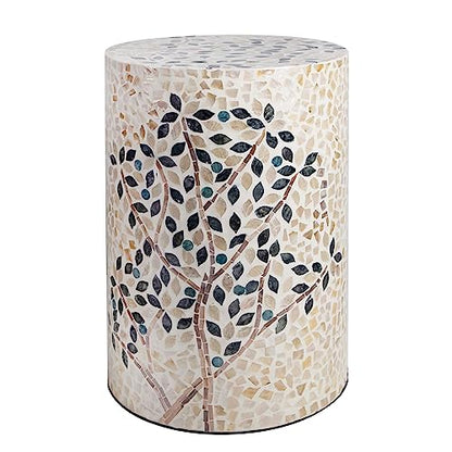PEMAR Mother of Pearl Cylinder Drum End Table Nacre Side Stool Round Accent Table Coffee Bedside Nightstand and Vanity Stool Olive Tree 13" Diameter x 19.3" High - color: Olive Tree