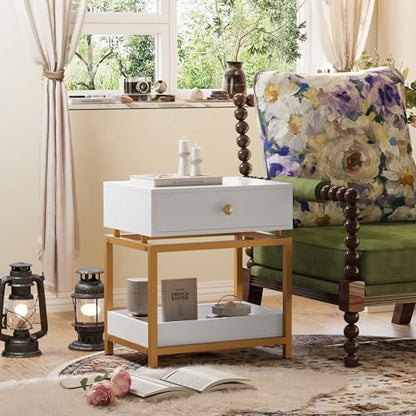 Night Stand Farmhouse Nightstand with Gold Metal Frame, Bedside Table with Drawer and Open Shelf, Sofa Side Table End Table for Bedroom, Living Room,White Yellow, 1 Pack - color: White 22"