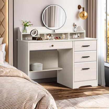 Computer Desk with Drawers and Hutch, Farmhouse Home Office Desk, Wood Student Desk with File Drawer for Bedroom, Writing Table for Small Space, Warm White - color: Warm White