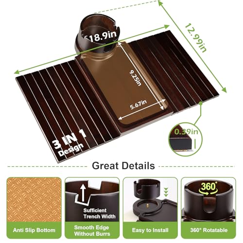 Couch Cup Holder Tray - 3 in 1 Couch Arm Table with 360° Rotating Phone Holder, Foldable Sofa Arm Tray for Drink Table, Snacks Table,Hold Cellphone Remote or Books - color: Walnut
