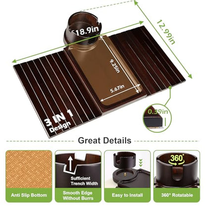 Couch Cup Holder Tray - 3 in 1 Couch Arm Table with 360° Rotating Phone Holder, Foldable Sofa Arm Tray for Drink Table, Snacks Table,Hold Cellphone Remote or Books - color: Walnut