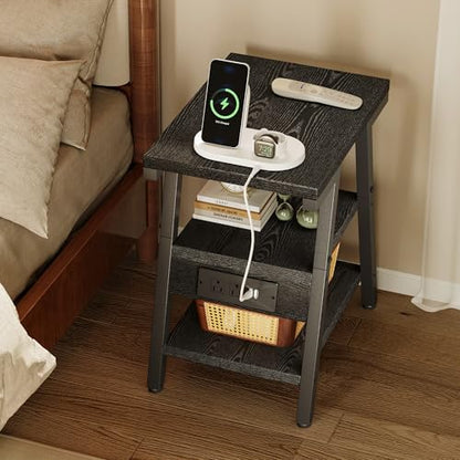 Side Table with Charging Station,3-Tier Small End Table,Lucky 7 Metal Shape | 2 AC Outlets + 2 USB Ports, Adjustable Feet, Nightstand for Bedroom, Living Room, Couch, Narrow Spaces, Black - color: Black