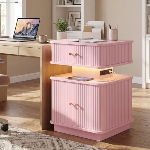 Nightstand with Charging Station, Modern Night Stand with Smart Led Light and 2 Small Sliding Door Cabinets, Curvy Edge, Bedside Table for Bedroom, Pink - color: Pink