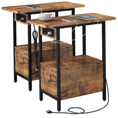 LIDYUK End Table with Charging Station, Narrow Side Table with Drawer and USB Ports & Power Outlets, Nightstand Bedside Tables for Small Spaces, Bedroom, Living Room, Rustic Brown, Set of 2 - color: Rustic Brown, size: Pack of 2