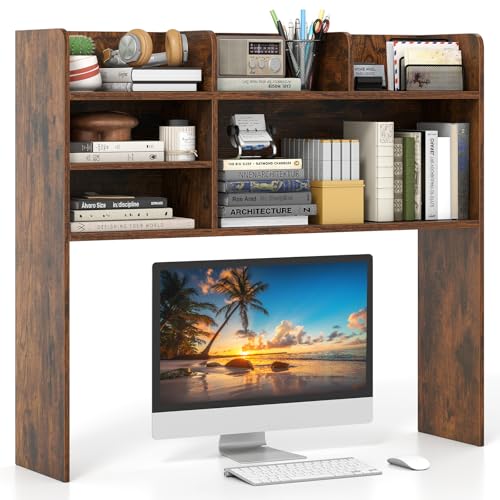 Giantex Desktop Bookshelf, 37" Desk Hutch Dorm for Computer Up to 32 Inch, Countertop Hutch w/6 Storage Shelves, 3-Tier Desktop Organizer Display Rack, Wood Desk Shelf for Home Office (Rustic Brown) - color: Rustic Brown, size: 6 Shelves (33.5"H)