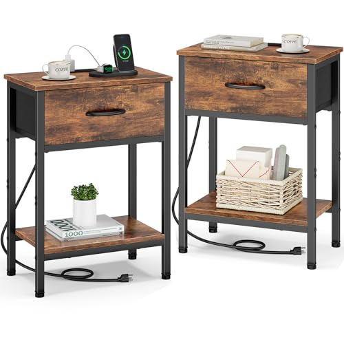 Vagusicc Nightstand Set of 2 with Charging Station, Bed Side Table with Fabric Drawer, Small End Table with 2-Tier Storage Shelves, 25.4" Tall Bedside Table, Night Stand for Bedroom Dorm, Rustic Brown - color: Rustic Brown (2 Pack)