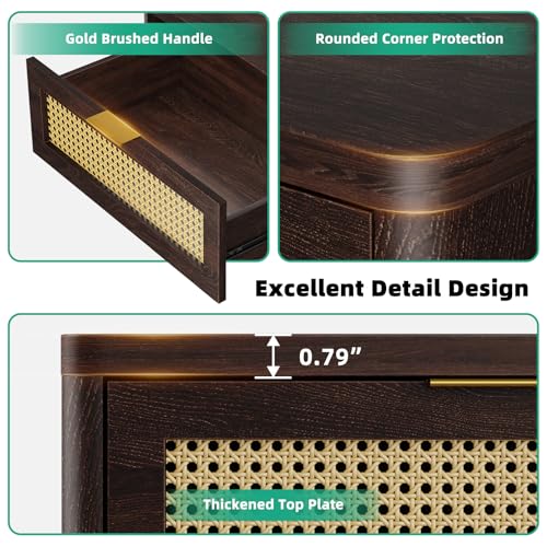 Kalrin Rattan Nightstand, Bedside Table - Larger Night Stand with Charging Station, 3 Drawers Storage, Boho Night Stands End Table for Bedroom Office - Deep Brown - color: Deep Brown