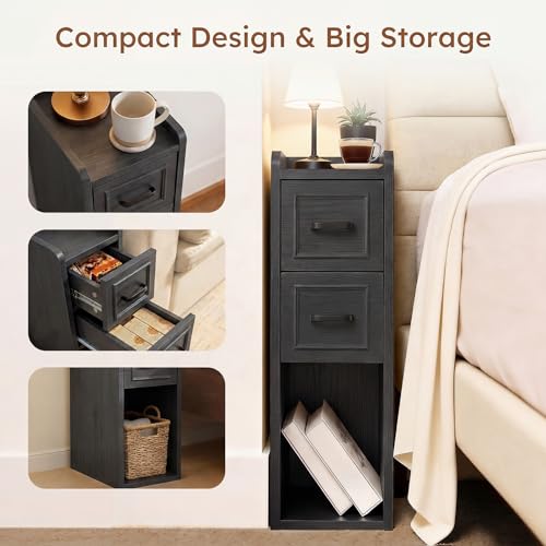 Narrow Nightstand Set of 2, Modern Small Bedside Table with Drawers & Open Shelf, Modern End Table for Bedroom Small Spaces, Apartments, Renters, Black - color: Narrow Black