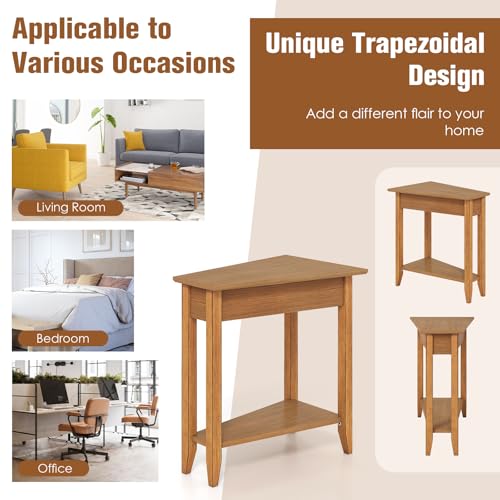 Giantex Wedge End Table, Triangle Side Table with Storage Shelf and Solid Wood Legs, 24.5" Tall Nightstand, Modern Narrow Accent Recliner Table for Small Space Living Room, Walnut - color: Light Walnut