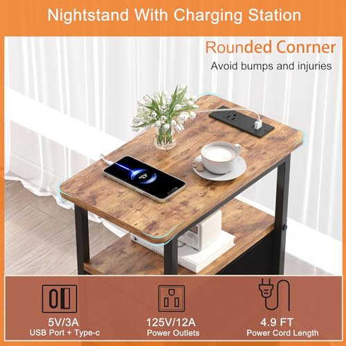 sthmec Narrow End Table with Charging Station, Narrow Side Table with 2 Fabric Drawers, Slim Nightstand, Skinny Bedside Table, Small Side Table for Small Spaces, Living Room, Bedroom, Rustic Brown - color: Rustic Brown, size: 7.87'' W x 15.75'' D x 24.37'