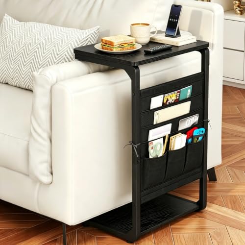 Couch End Tables Set of 2 Pack TV Trays, Black Small Side Table Sofa Tray Wood Pedestal TV Trays for Eating on Couch, Tables that Slide Under, Dinner Food Snack C Shaped Stands Living Room ET-P-BKW2 - color: Black