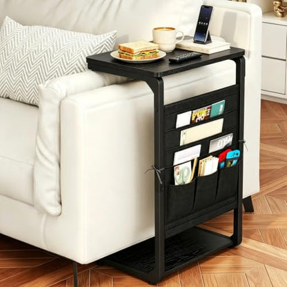 Couch End Tables Set of 2 Pack TV Trays, Black Small Side Table Sofa Tray Wood Pedestal TV Trays for Eating on Couch, Tables that Slide Under, Dinner Food Snack C Shaped Stands Living Room ET-P-BKW2 - color: Black