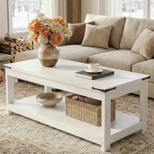 Homieasy 43.3” Rectangular Coffee Table with Storage Shelf, White | Farmhouse Wood Center Table for Living Room, Modern Black Tea Table with Open Shelf - color: White