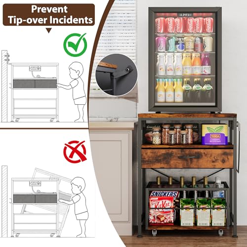 DreamDashio Mini Fridge Stand with Outlet & 3-Tier Rolling Cart, Switchable-Side Power Hub with Storage Drawer & Basket for Microwave, Beverage Cooler, Kitchen, Dorm & Office
