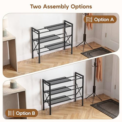 YEASHEIN 3-Tier Expandable Shoe Rack Organizer with Wire Mesh Shelves, Sturdy Metal Shoe Shelf with 4-Tier Storage, adjustable Shoe Stand, Free Standing Shoe Rack for Closet, Entryway, Garage - Black - size: 3 Tier
