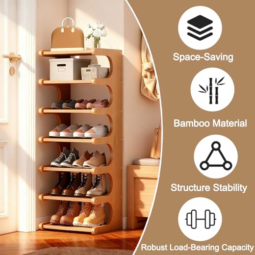 7-Tier Vertical Shoe Rack, Bamboo Free Standing Shoe Rack Shelf, Shoe Storage Stand, Entryway Shoe Tower, Vertical Shoe Organizer for Narrow Closet, Entryway, Hallway - color: Brown
