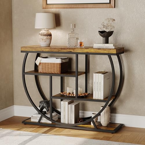 Garvee Entryway Table with Storage, Industrial 4-Tier Narrow Console Table Behind Couch with Half-Circle Base & Storage Shelves for Living Room, Hallway, Foyer - color: Rustic Brown