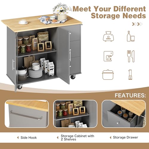 Shintenchi Kitchen Island with Folding Drop Leaf, Rolling Island Table with Storage, Kitchen Cabinet on Wheels with Seating Area for Kitchen, Bar Cart with Cabinet, Gray - color: Grey