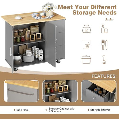 Shintenchi Kitchen Island with Folding Drop Leaf, Rolling Island Table with Storage, Kitchen Cabinet on Wheels with Seating Area for Kitchen, Bar Cart with Cabinet, Gray - color: Grey