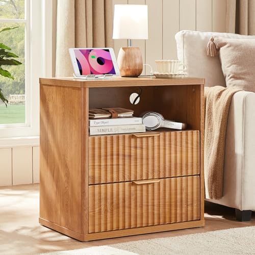 LEYAOYAO Fluted Nightstand with Charging Station, 23" Wide 2 Drawers End Table, Brown Night Stand with Open Storage Cabinet, Farmhouse Bed Side Tables, Wood Dresser for Bedroom, Living Room, Closet - color: Brown, size: 2 Drawers