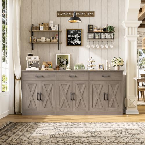 HOSTACK 71" W Farmhouse Kitchen Sideboard Buffet Cabinet with Storage, Grey | Large Coffee Bar Cabinet with 3 Wide Drawers, Long Buffet Table with Shelves, Kitchen Storage Cabinet for Dining Room - color: Ash Grey