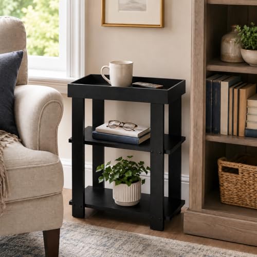 Narrow Side Table Black, 3-Tier Side Table, Rustic Farmhouse Narrow End Table with Storage, Slim Table Nightstand for Small Spaces, Bedroom or Living Room (Black) - color: Black