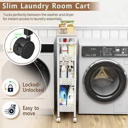 Utility Slim Rolling Storage Cart, 4-Tier Narrow Metal Organizer with Wood Top, 7.1" Width Utility Cart for Kitchen, Bathroom, Laundry Room, Small Spaces, White