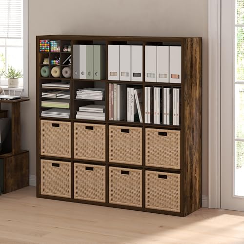 Furinno Cubicle 16-Cube Book Shelf, Extra Thick Frame Bookshelf, Amber Pine | 14.6" x 58" x 58", Reversible Bookcase with Open Back, for Living Room, Bedroom, Home Office - color: Amber Pine, size: 16-Cube,1.2In