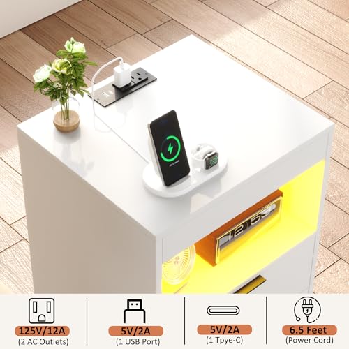 Gadroad LED Nightstand with Charging Station, Bedside Table with USB Ports & Power Outlets, Modern Night Stand with Drawers for Bedroom Small Spaces, White - color: White