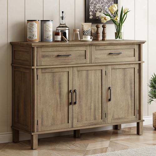 ONBRILL 48 Inch Buffet Cabinet with Storage, Farmhouse Sideboard Buffet w/2 Drawers and 3 Doors, Coffee Bar Cabinet with Adjustable Shelves, Sideboard Storage for Kitchen, Living Room, Washed Grey - color: Washed Grey, size: 48 Inch