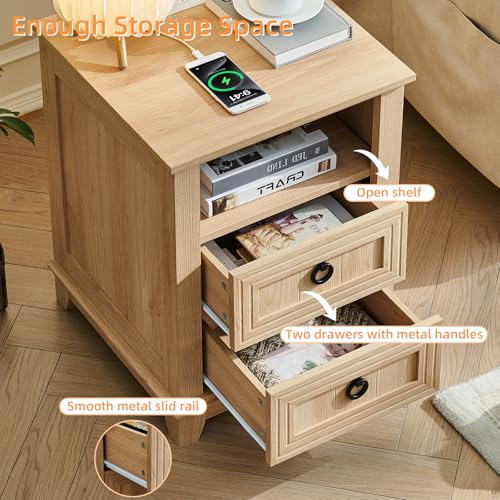 Joaxswe 18" Farmhouse Night Stand with Charging Station, 2 Drawers Bedside End Table, Natural Wooden Nightstand, Bed Side Table Cabinet with Open Shelf for Bedroom Living Room Office - color: Natural Set 1, size: 2 Drawers