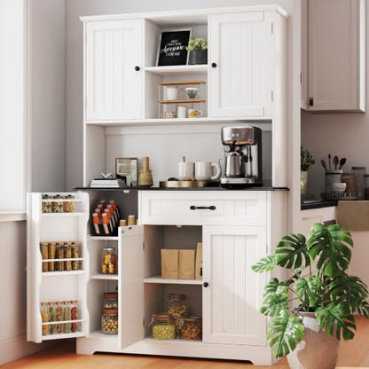 Gizoon Kitchen Pantry Cabinet with Microwave Shelf Tall Coffee Bar Cabinet with Doors and Shelves Farmhouse Kitchen Hutch with Storage for Dining Room and Craft Room, Painted White and Black - color: White and Black