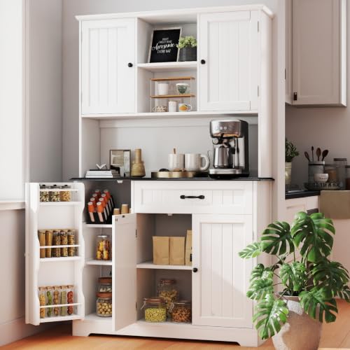 Gizoon Kitchen Pantry Cabinet with Microwave Shelf Tall Coffee Bar Cabinet with Doors and Shelves Farmhouse Kitchen Hutch with Storage for Dining Room and Craft Room, Painted White and Black - color: White and Black