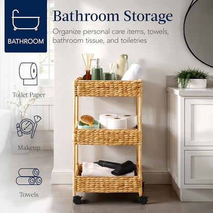 Best Choice Products 3-Tier Water Hyacinth Rolling Nursery Caddy w/Wheels, Utility Cart, Storage Organization for Bathroom, Craft Room, Laundry Room - Natural - color: Natural