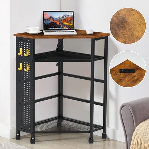 HOMREST Corner Table with Charging Station, 3-Tier Corner Shelf Stand with Metal DIY Panel, Rolling Storage Table on Detachable Wheels for Kitchen, Living Room, Small Space, Rustic Brown
