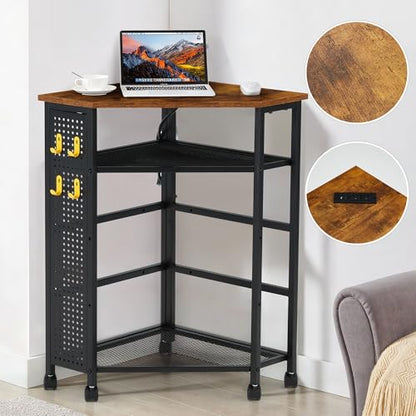 HOMREST Corner Table with Charging Station, 3-Tier Corner Shelf Stand with Metal DIY Panel, Rolling Storage Table on Detachable Wheels for Kitchen, Living Room, Small Space, Rustic Brown