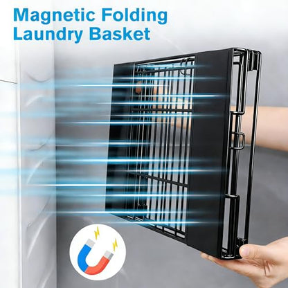 Magnetic Collapsible Laundry Basket, Foldable Metal Laundry Hamper for Washing Machine Side, Space Saving Pop Up Hamper, Laundry Room Organization and Storage (Black) - color: Black