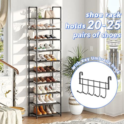 Simple Trending Tall Shoe Rack for Closet, 10 Tiers Narrow Shoe Shelf Holds 20 Pairs, Shoe Organizer Storage with Hooks, Black - size: 10 Tiers Narrow, Black