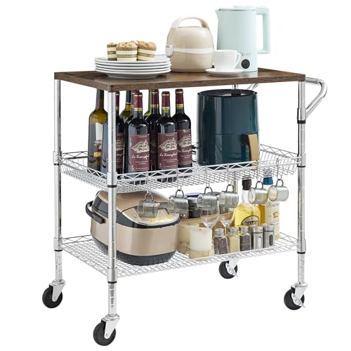 Rolling Kitchen Carts on Wheels With Storage,650Lbs Heavy Duty Metal Cart with Wheels,3 Tier Rolling Cart with Wooden Top,NSF Utility Cart with Handle for Food Cart Serving Carts,30.3"L*31.9"H*18.1"W - size: 35.4"L*18.1"W*31.9"H with Adjustable Shelves