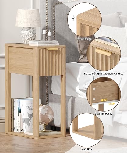 Akxomel Narrow Fluted Nightstands Set of 2, Wooden Slim Bedside Table with Charging Station, Mid-Century Modern Night Stand with Drawer and Open Shelf, Small Side End Table, for Bedroom, Natural Oak - color: Natural Oak