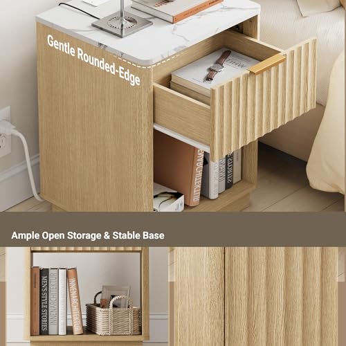Fluted Nightstand, Night Stand Set 2, 23" Wide Nightstands Set of 2 with Charging Station & Faux Marble Top, Modern End Table with Drawer, Bedside Table for Bedroom Living Room, Natural Oak - color: Natural Oak + Faux Marble Top, size: 1 Drawer（23"W）