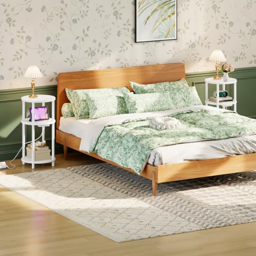 HOOBRO Set of 2 Small Round Side Tables with Charging Station, 3-Tier Round Bamboo End Tables, Easy Assembly, for Living Room, Bedroom, Apartment, White WT152UBZP201 - color: White